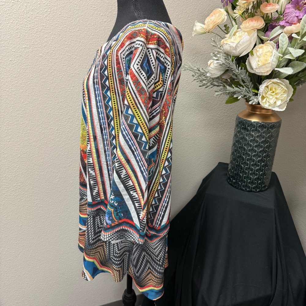 French Blue Boho Tunic Top 3X | Multicolor Aztec Print Fall Festival Blouse - Picture 3 of 8